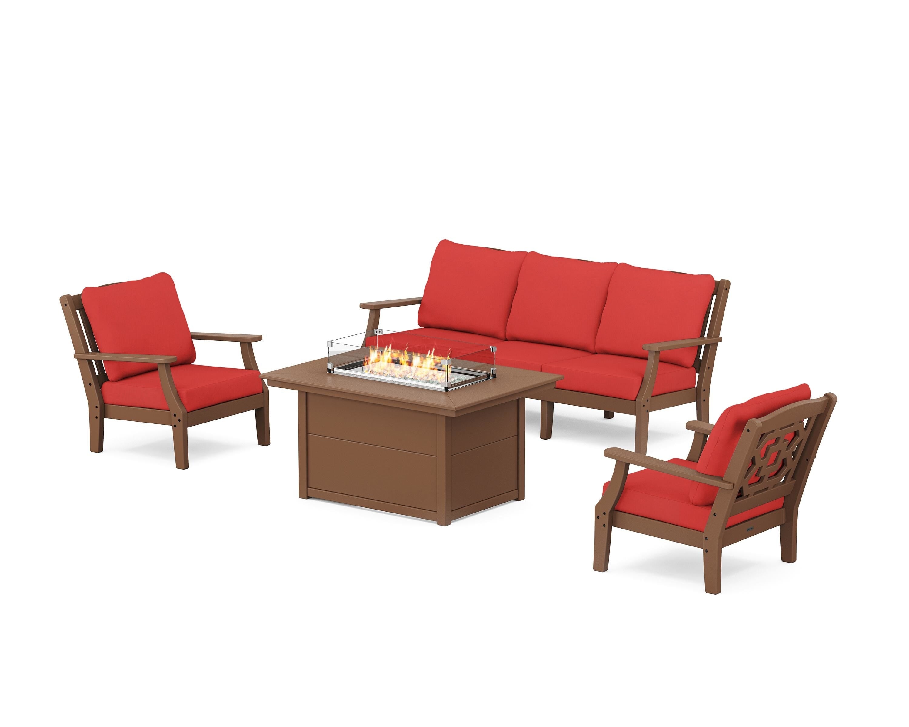 Martha Stewart by POLYWOOD® Chinoiserie Deep Seating Fire Pit Table Set in Teak / Crimson Linen