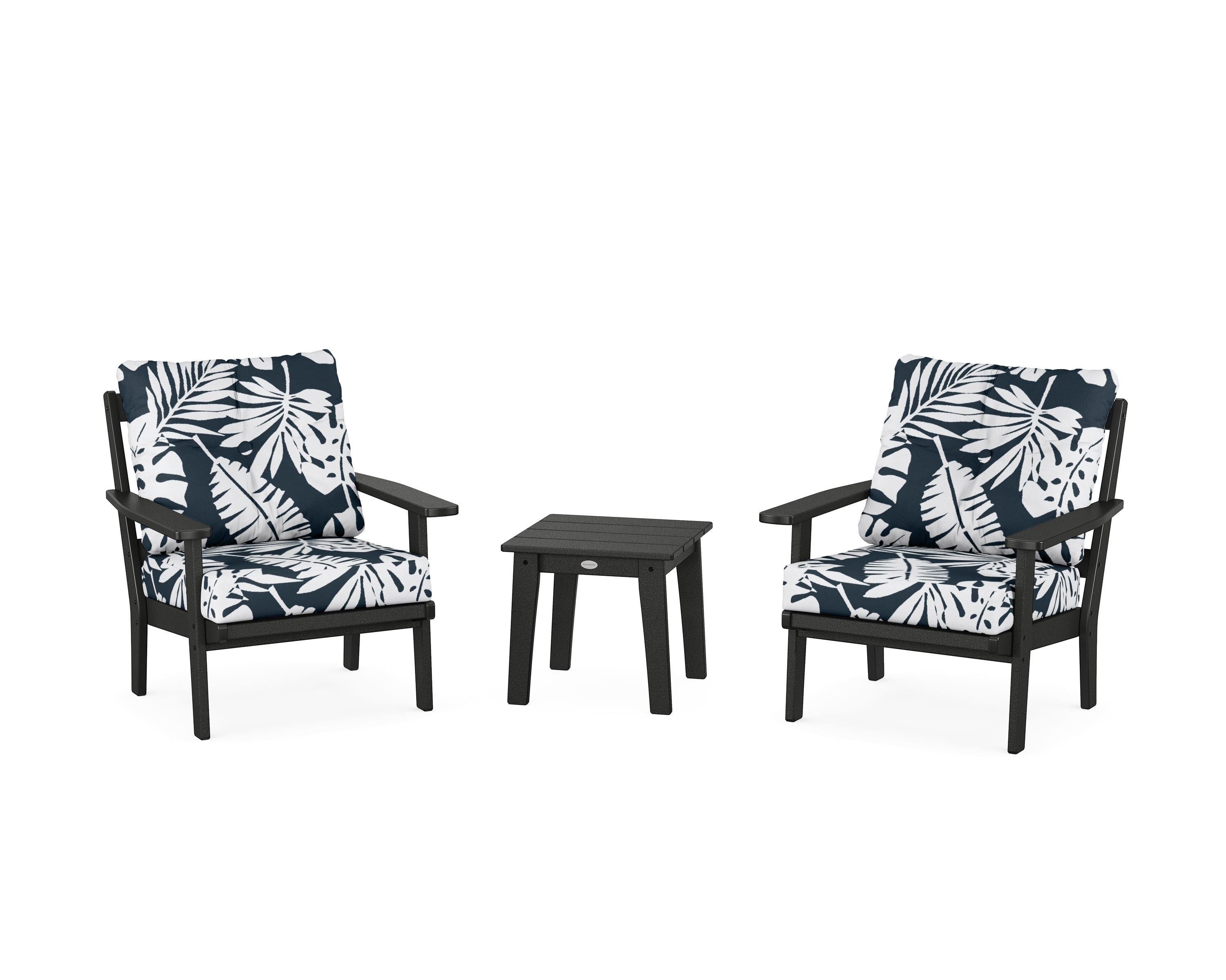 POLYWOOD® Oxford 3-Piece Deep Seating Set in Black / Leaf Marine Indigo