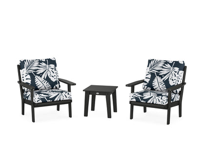 POLYWOOD® Oxford 3-Piece Deep Seating Set in Black / Leaf Marine Indigo
