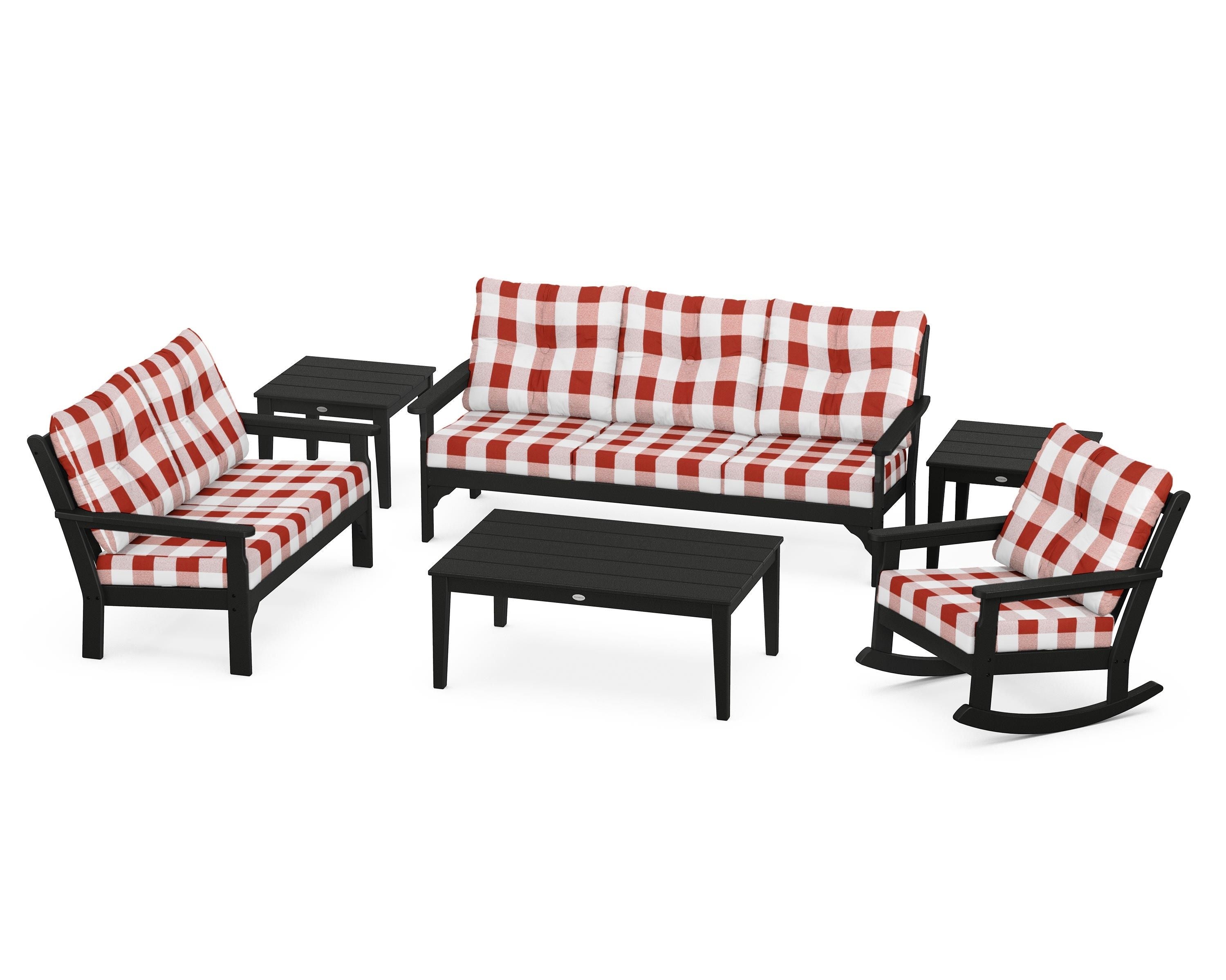 POLYWOOD® Vineyard 6-Piece Deep Seating Set in Black / Buffalo Plaid Crimson