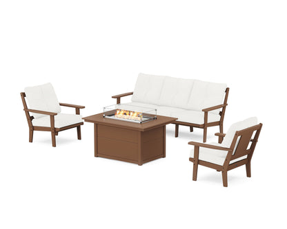 POLYWOOD® Prairie Deep Seating Fire Pit Table Set in Teak / Natural Linen