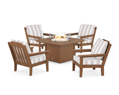 Country Living Cottage 5-Piece Deep Seating Set with Fire Pit Table in Teak / Cabana Stripe Dune Burlap