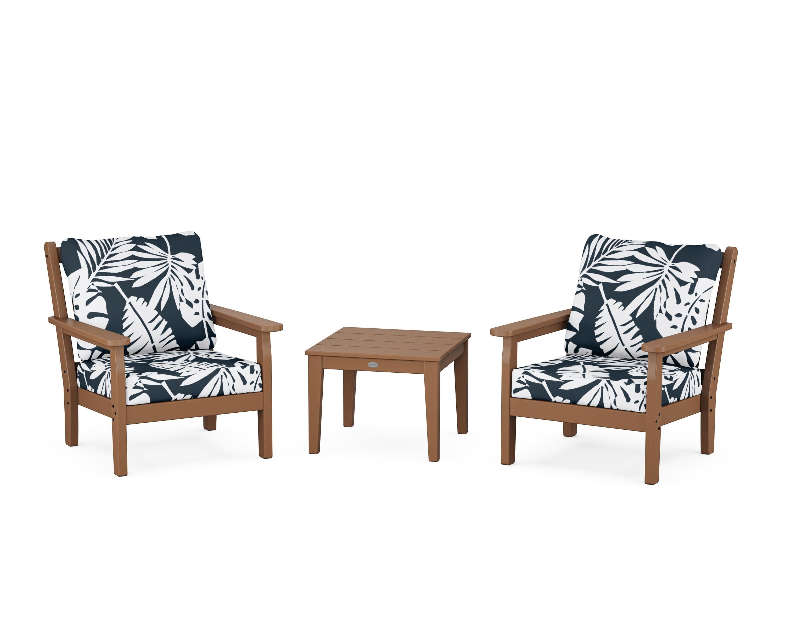 POLYWOOD® Chippendale 3-Piece Deep Seating Set in Teak / Leaf Marine Indigo