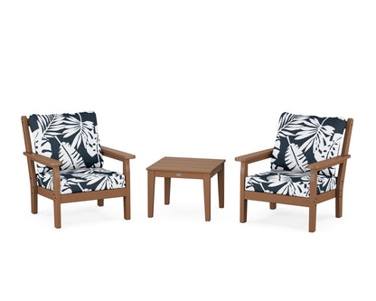 POLYWOOD® Chippendale 3-Piece Deep Seating Set in Teak / Leaf Marine Indigo