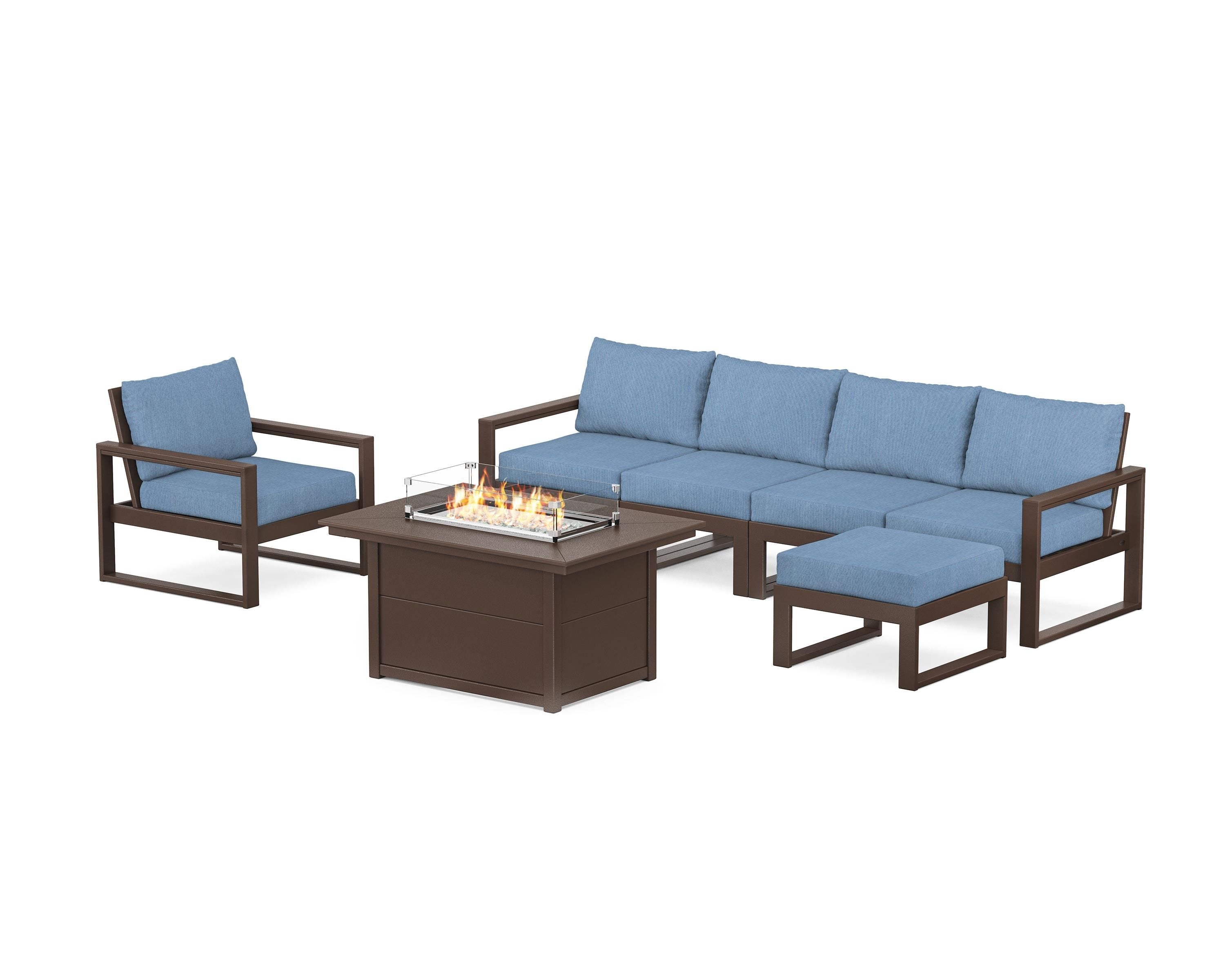 POLYWOOD® EDGE Sectional Lounge and Fire Pit Set in Mahogany / Sky Blue
