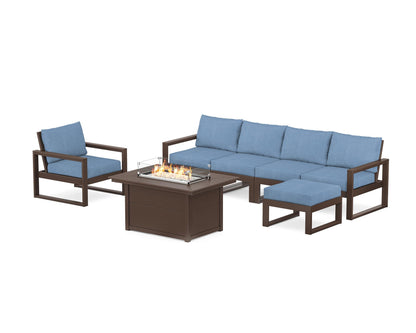 POLYWOOD® EDGE Sectional Lounge and Fire Pit Set in Mahogany / Sky Blue
