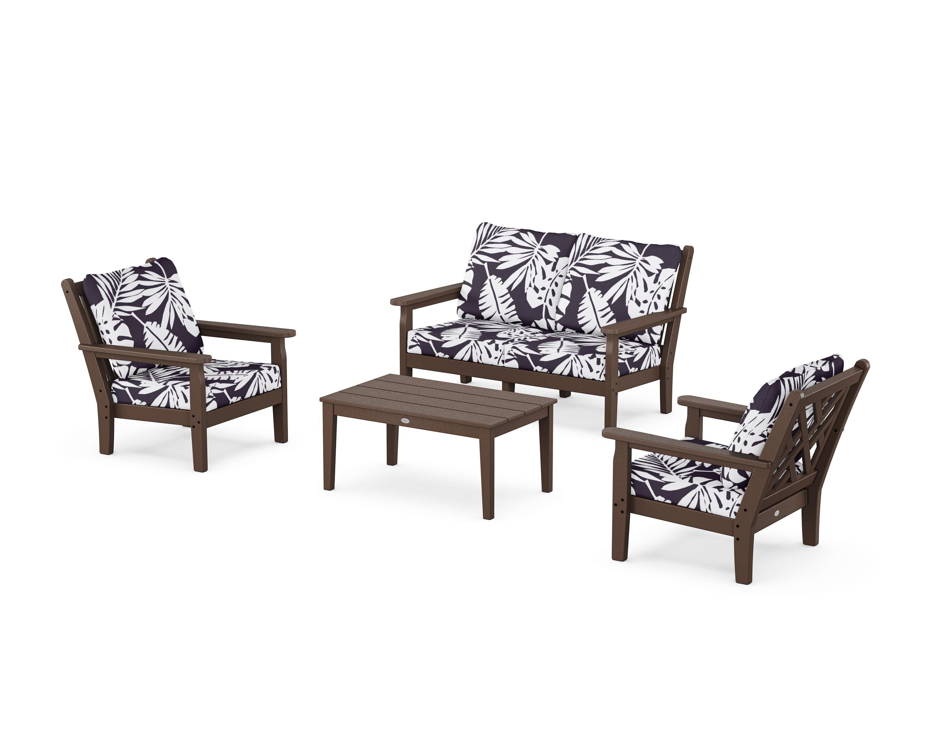 POLYWOOD® Chippendale 4-Piece Deep Seating Set with Loveseat in Mahogany / Leaf Navy