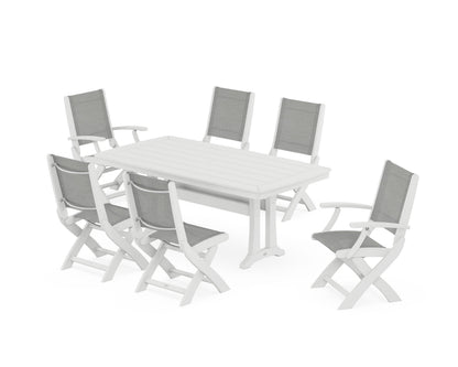POLYWOOD® Coastal Folding Chair 7-Piece Dining Set with Trestle Legs in White / Metallic Sling