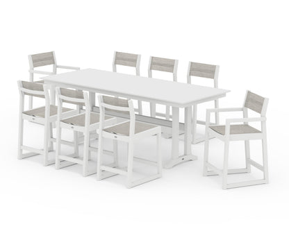 POLYWOOD® EDGE Sling 9-Piece Farmhouse Counter Set with Trestle Legs in White / Birch Sling
