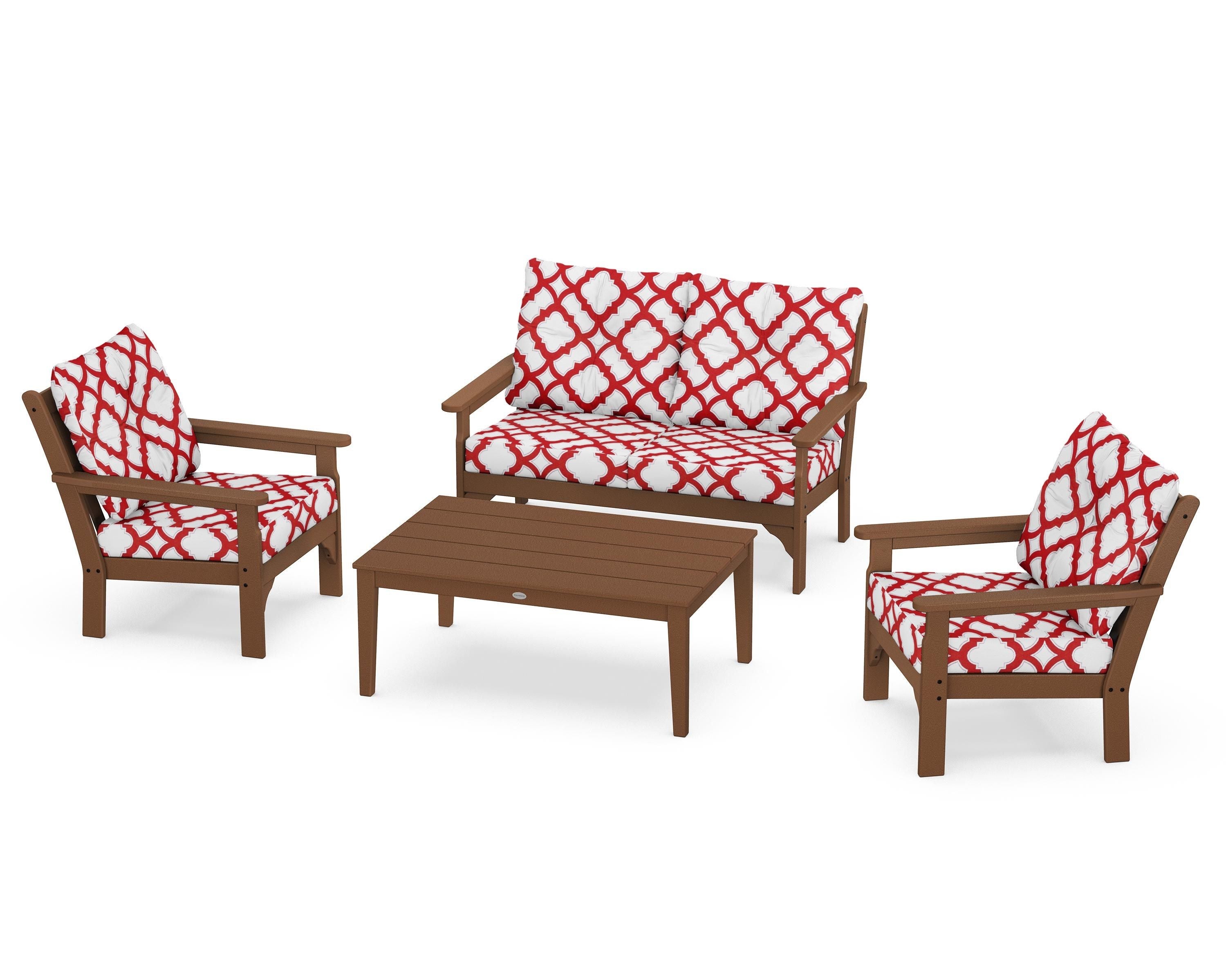 POLYWOOD® Vineyard 4-Piece Deep Seating Set in Teak / Trellis Crimson