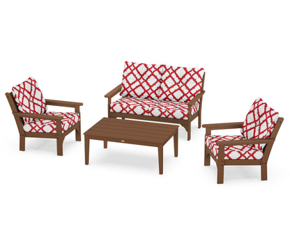 POLYWOOD® Vineyard 4-Piece Deep Seating Set in Teak / Trellis Crimson