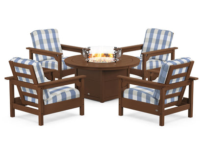 POLYWOOD® Club 5-Piece Conversation Set with Fire Pit Table in Teak / Buffalo Plaid Sky Blue