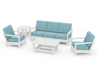 POLYWOOD® Harbour 5-Piece Deep Seating Set in White / Lattice Sky Blue