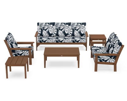 POLYWOOD® Vineyard 6-Piece Deep Seating Set in Teak / Leaf Marine Indigo