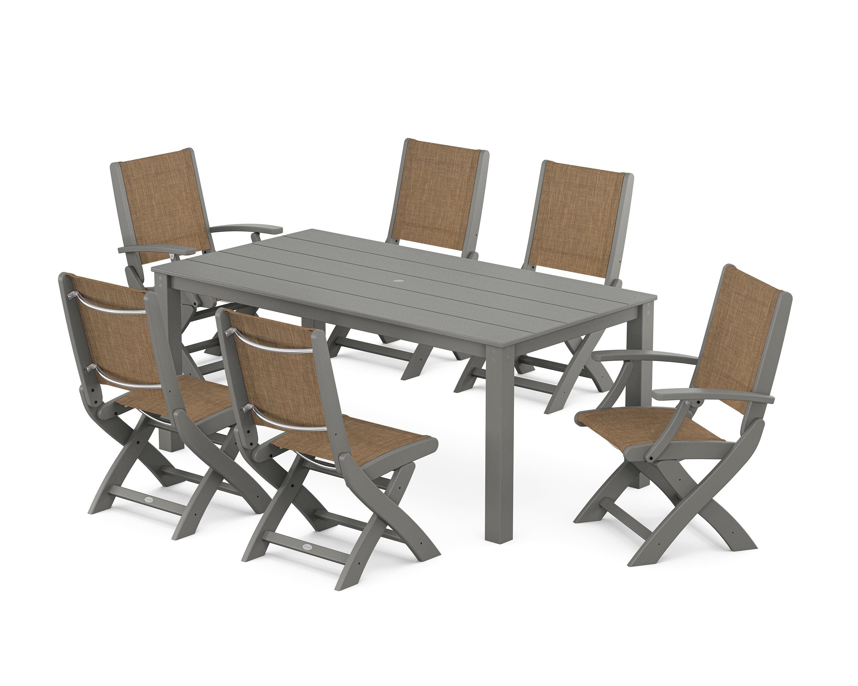 POLYWOOD® Coastal Folding Chair 7-Piece Parsons Dining Set in Slate Grey / Burlap Sling