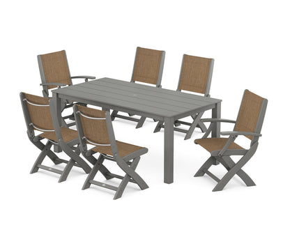 POLYWOOD® Coastal Folding Chair 7-Piece Parsons Dining Set in Slate Grey / Burlap Sling