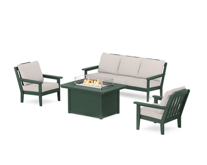 Country Living Cottage Deep Seating Fire Pit Table Set in Green / Dune Burlap