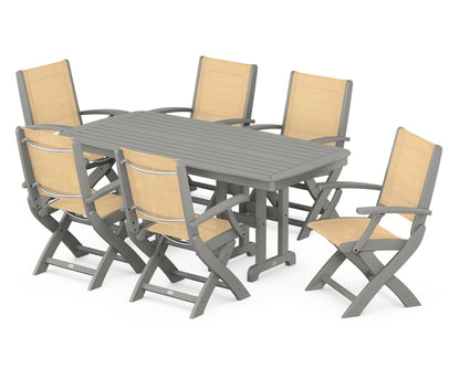 POLYWOOD® Coastal Folding Arm Chair 7-Piece Dining Set in Slate Grey / Dupioni Apricot Sling
