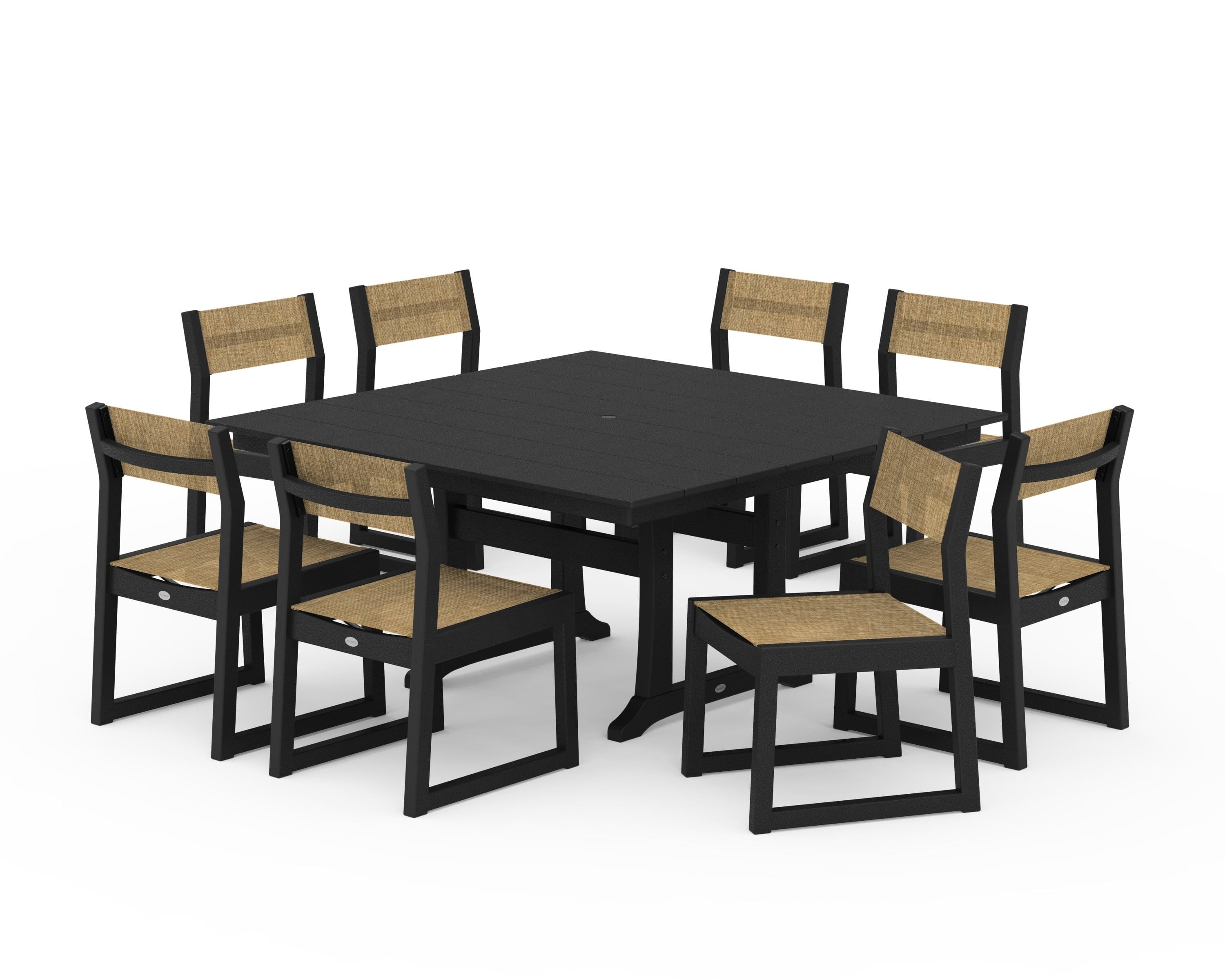 POLYWOOD® EDGE Sling Side Chair 9-Piece Farmhouse Trestle Dining Set in Black / Burlap Sling