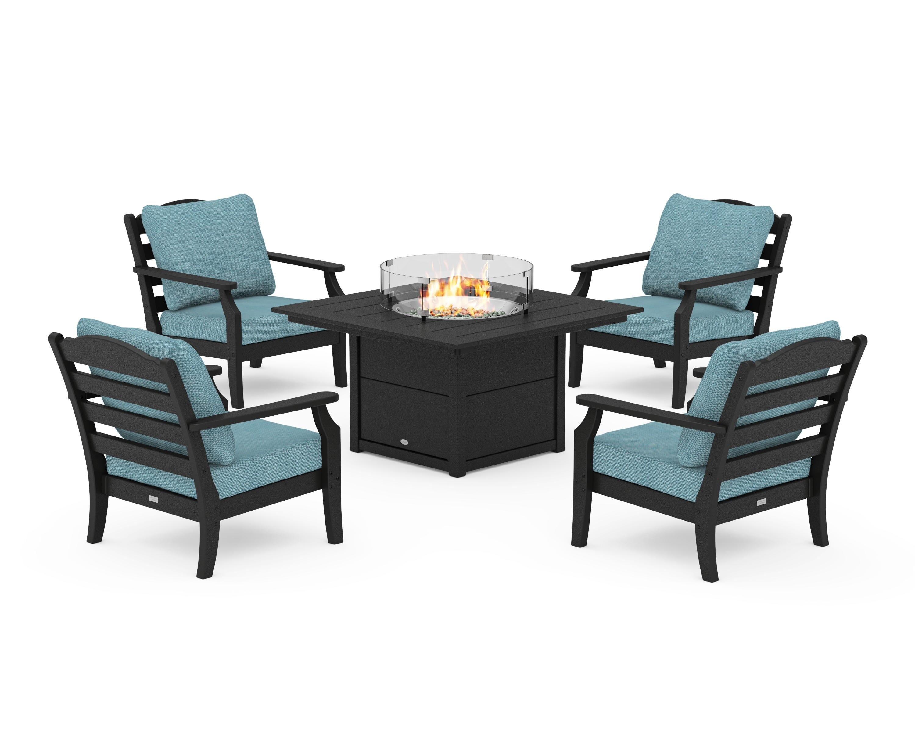 Draper James™ by  POLYWOOD® Savannah 5-Piece Deep Seating Set with Fire Pit Table in Black / Lattice Sky Blue