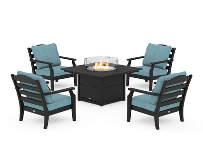 Draper James™ by  POLYWOOD® Savannah 5-Piece Deep Seating Set with Fire Pit Table in Black / Lattice Sky Blue