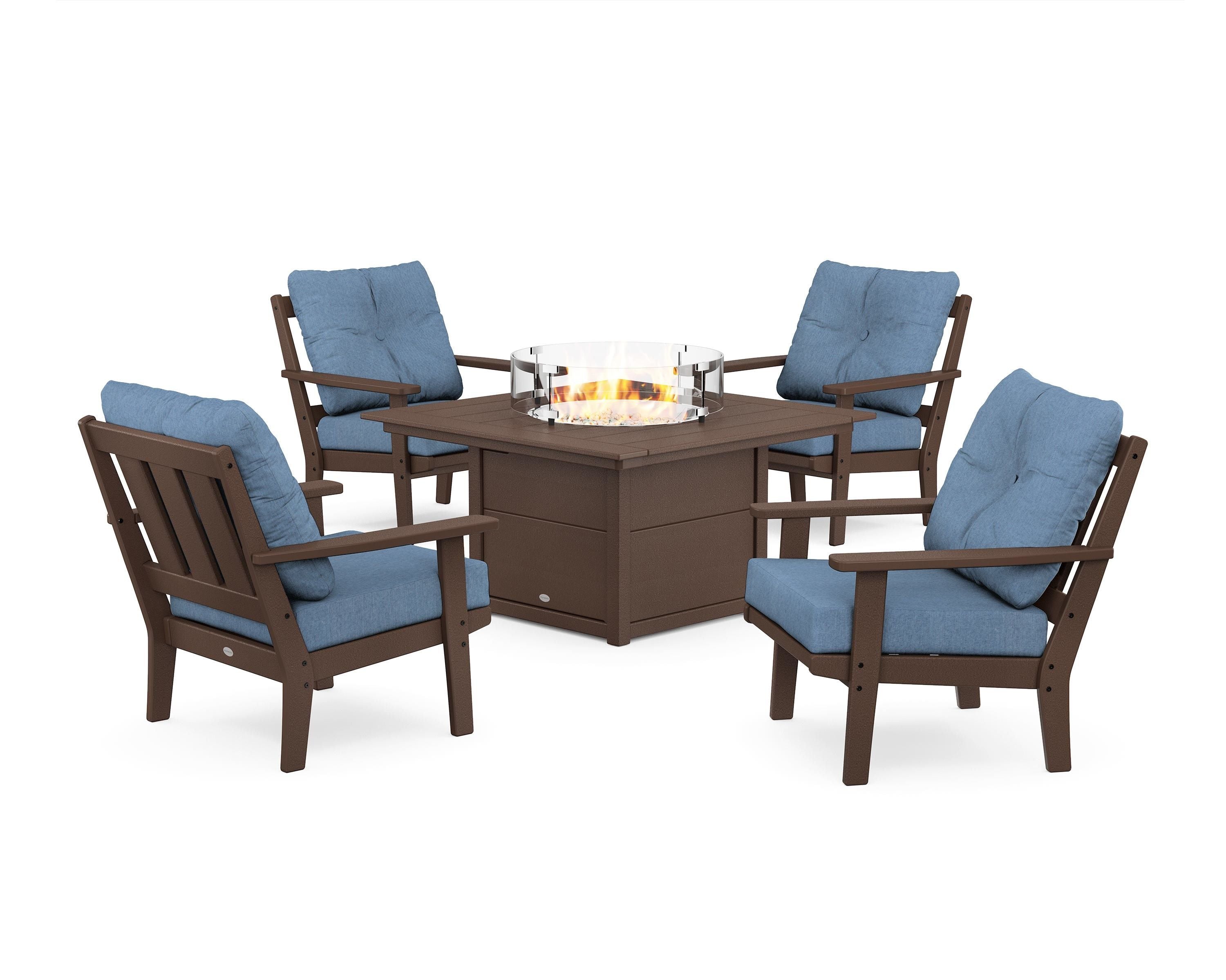POLYWOOD® Oxford 5-Piece Deep Seating Set with Fire Pit Table in Mahogany / Sky Blue