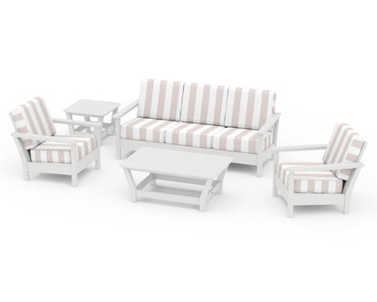 POLYWOOD® Harbour 5-Piece Deep Seating Set in White / Cabana Stripe Dune Burlap