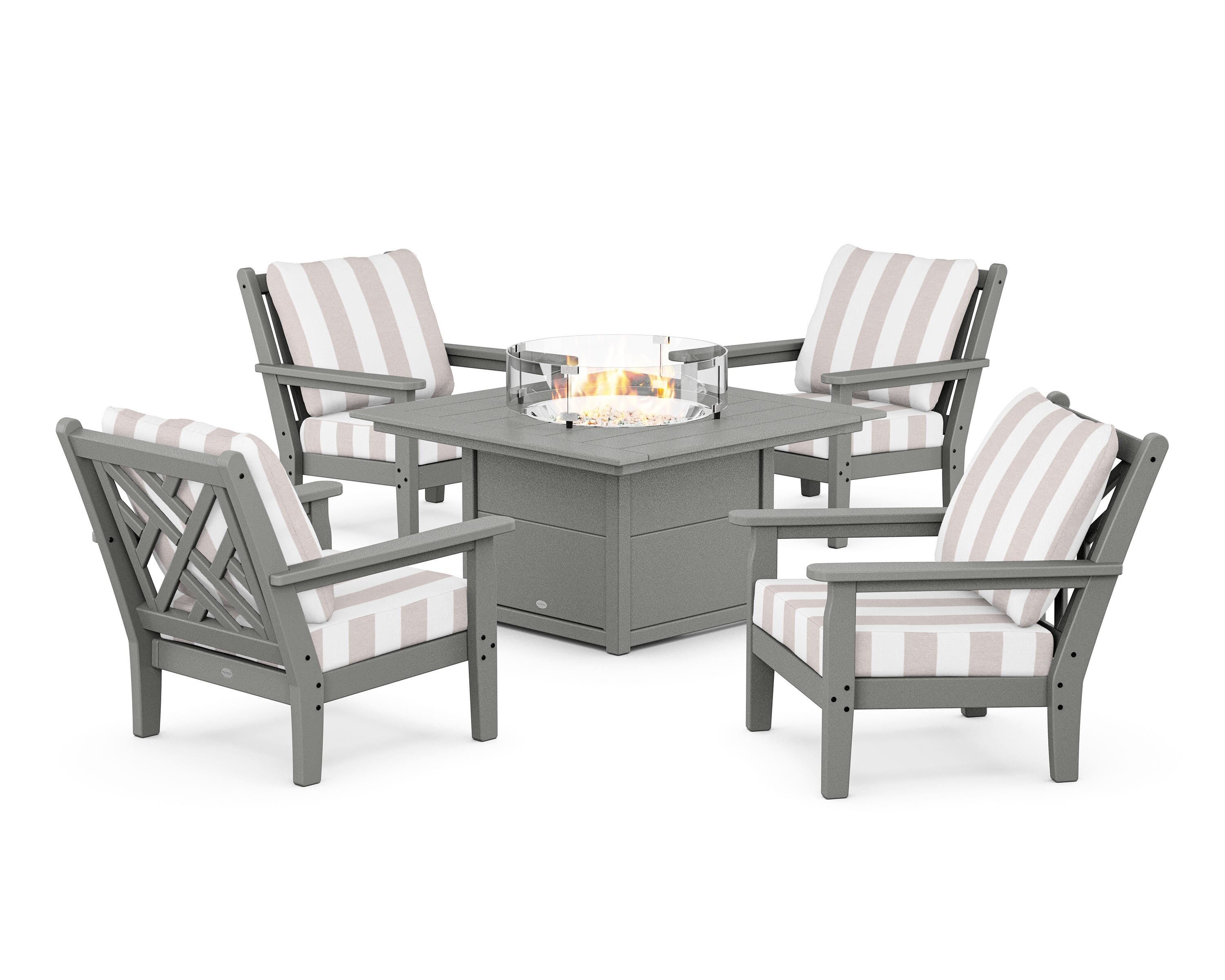 POLYWOOD® Chippendale 5-Piece Deep Seating Set with Fire Pit Table in Slate Grey / Cabana Stripe Dune Burlap