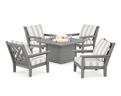 POLYWOOD® Chippendale 5-Piece Deep Seating Set with Fire Pit Table in Slate Grey / Cabana Stripe Dune Burlap
