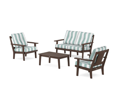 POLYWOOD® Prairie 4-Piece Deep Seating Set with Loveseat in Mahogany / Cabana Stripe Glacier Spa