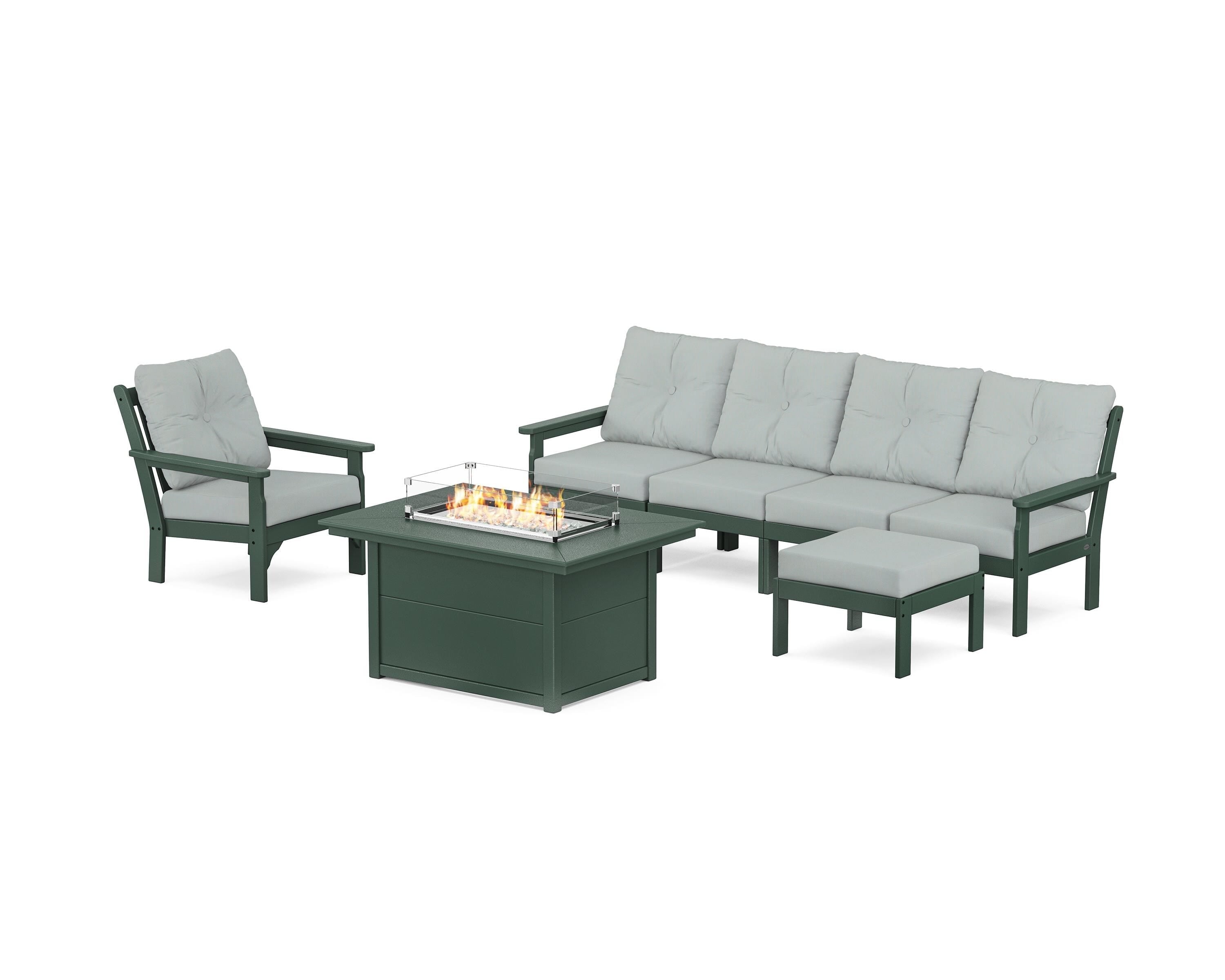 POLYWOOD® Vineyard Sectional Lounge and Fire Pit Set in Green / Spa