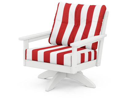 POLYWOOD® Vineyard Deep Seating Swivel Chair in White / Cabana Stripe Crimson