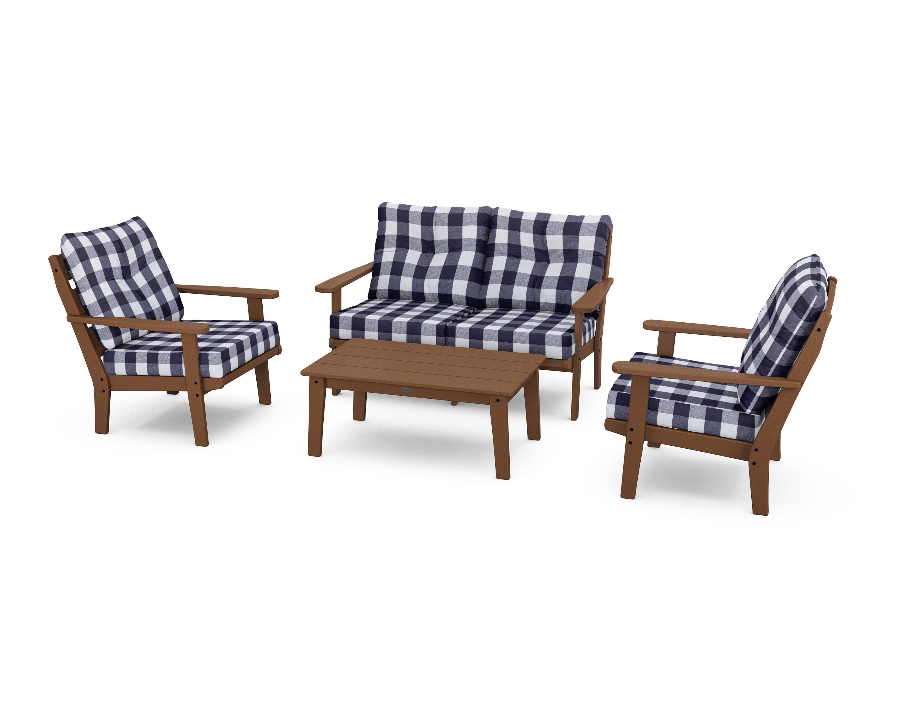 POLYWOOD® Lakeside 4-Piece Deep Seating Set in Teak / Buffalo Plaid Navy