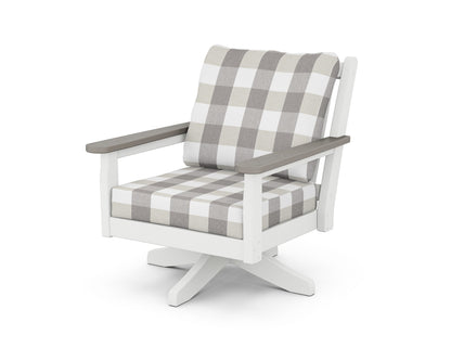 POLYWOOD® Chippendale Deep Seating Swivel Chair in White / Driftwood / Buffalo Plaid Grey Mist