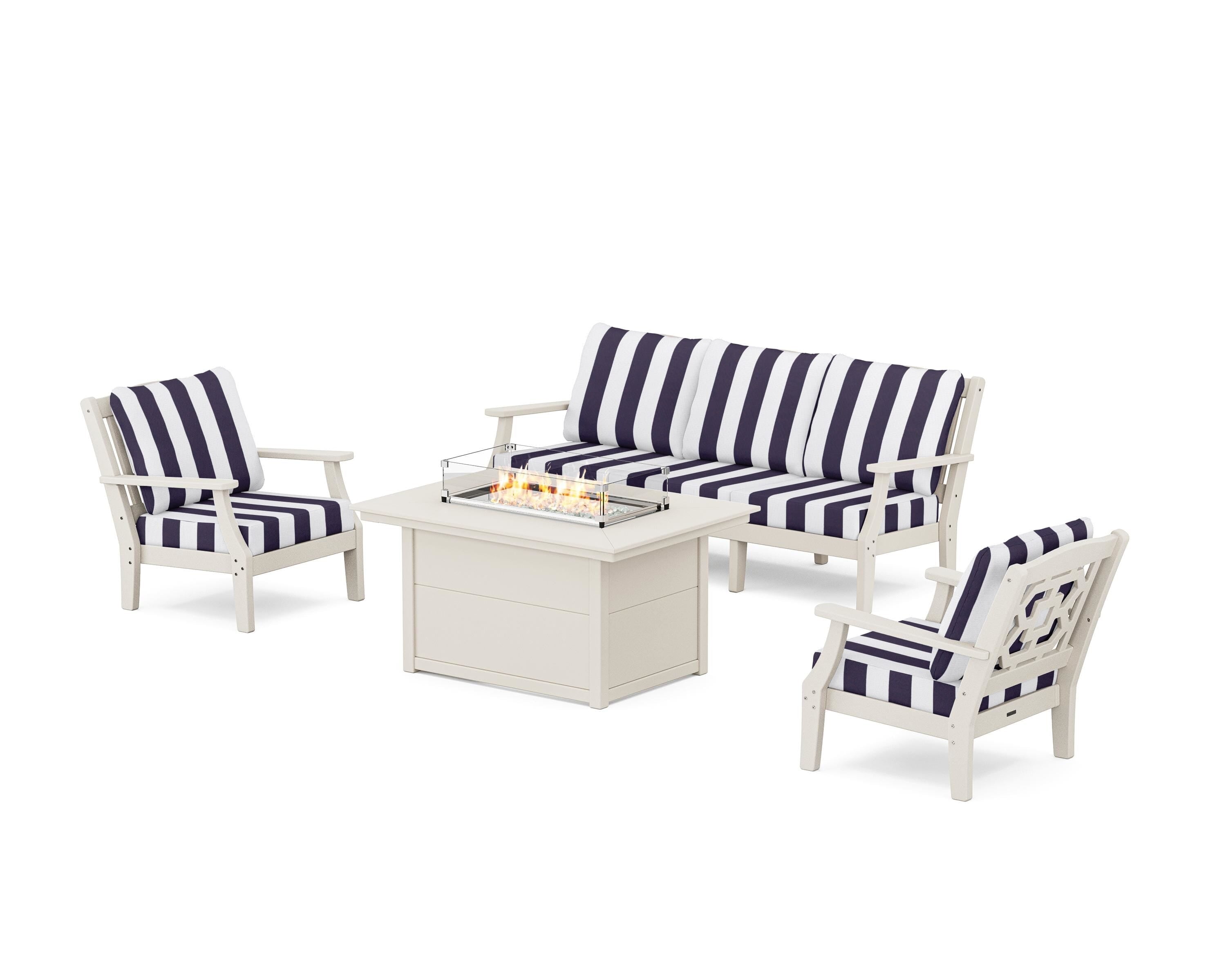 Martha Stewart by POLYWOOD® Chinoiserie Deep Seating Fire Pit Table Set in Sand / Cabana Stripe Navy