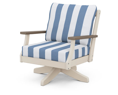 POLYWOOD® Braxton Deep Seating Swivel Chair in Sand / Kona / Cabana Stripe Sky Blue
