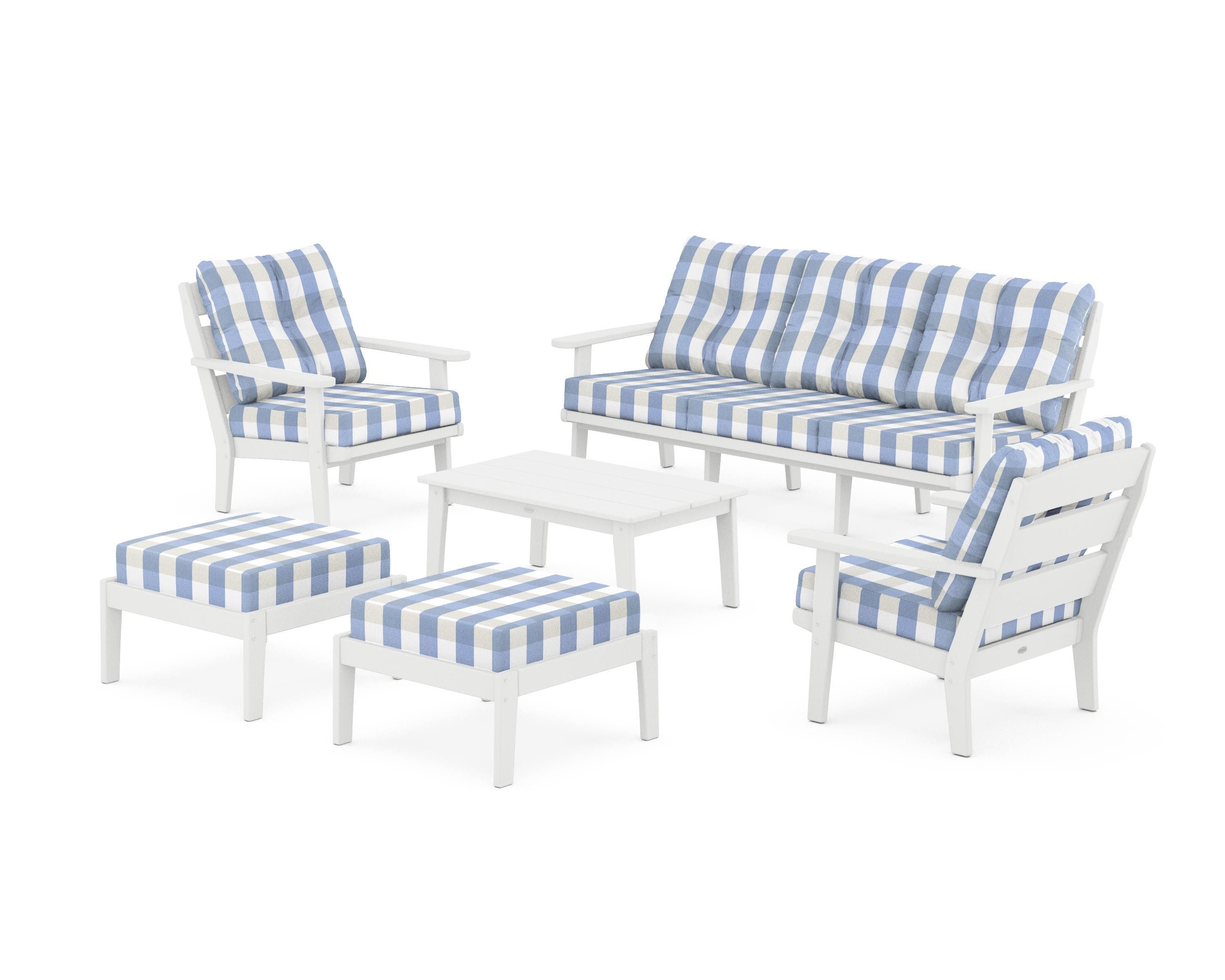 POLYWOOD® Lakeside 6-Piece Lounge Sofa Set in White / Buffalo Plaid Sky Blue