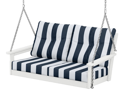 POLYWOOD® Vineyard Deep Seating Swing in White / Cabana Stripe Marine Indigo