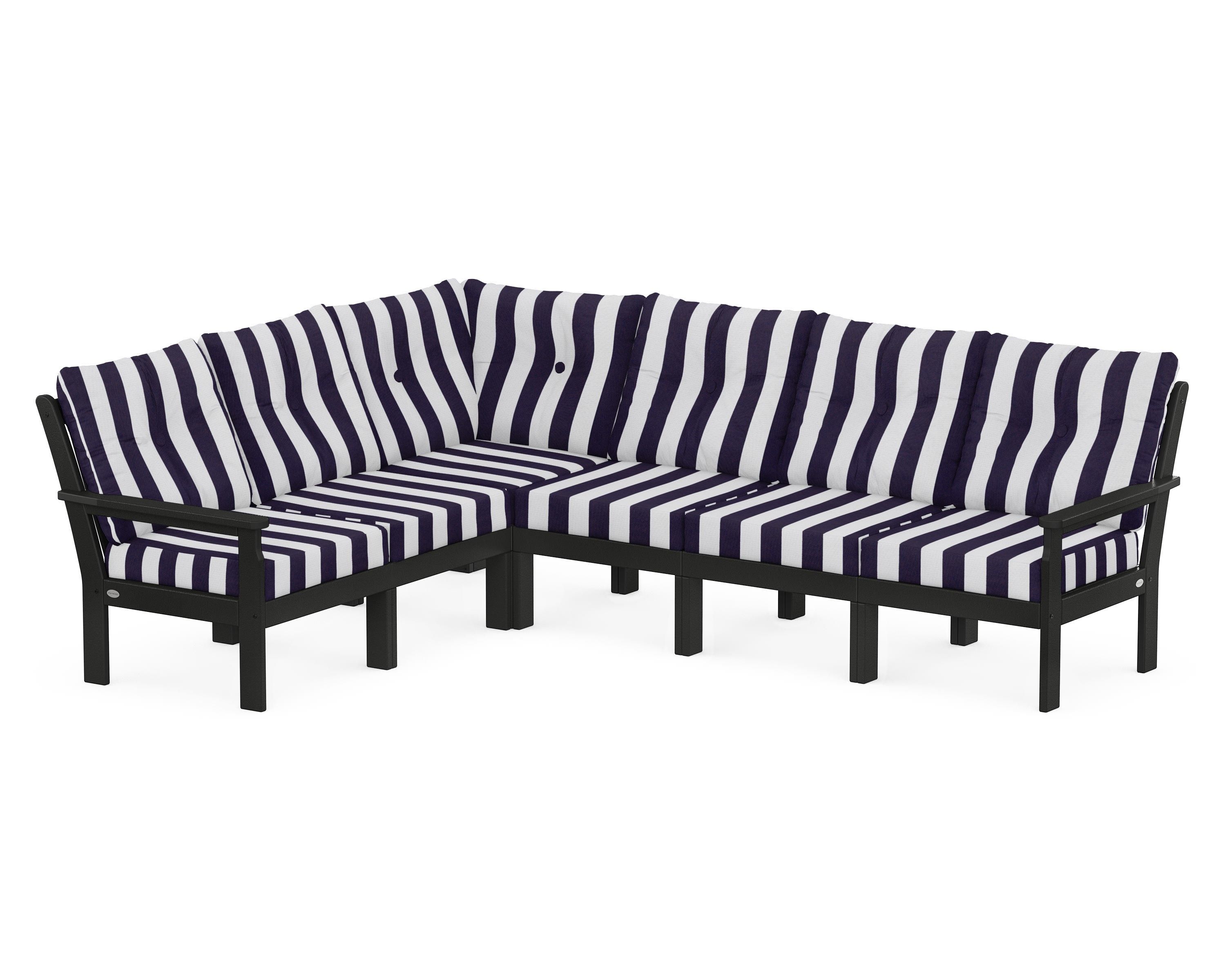 POLYWOOD® Vineyard 6-Piece Sectional in Black / Cabana Stripe Navy