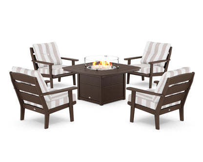 POLYWOOD® Lakeside 5-Piece Deep Seating Set with Nautical Fire Pit Table in Mahogany / Cabana Stripe Dune Burlap