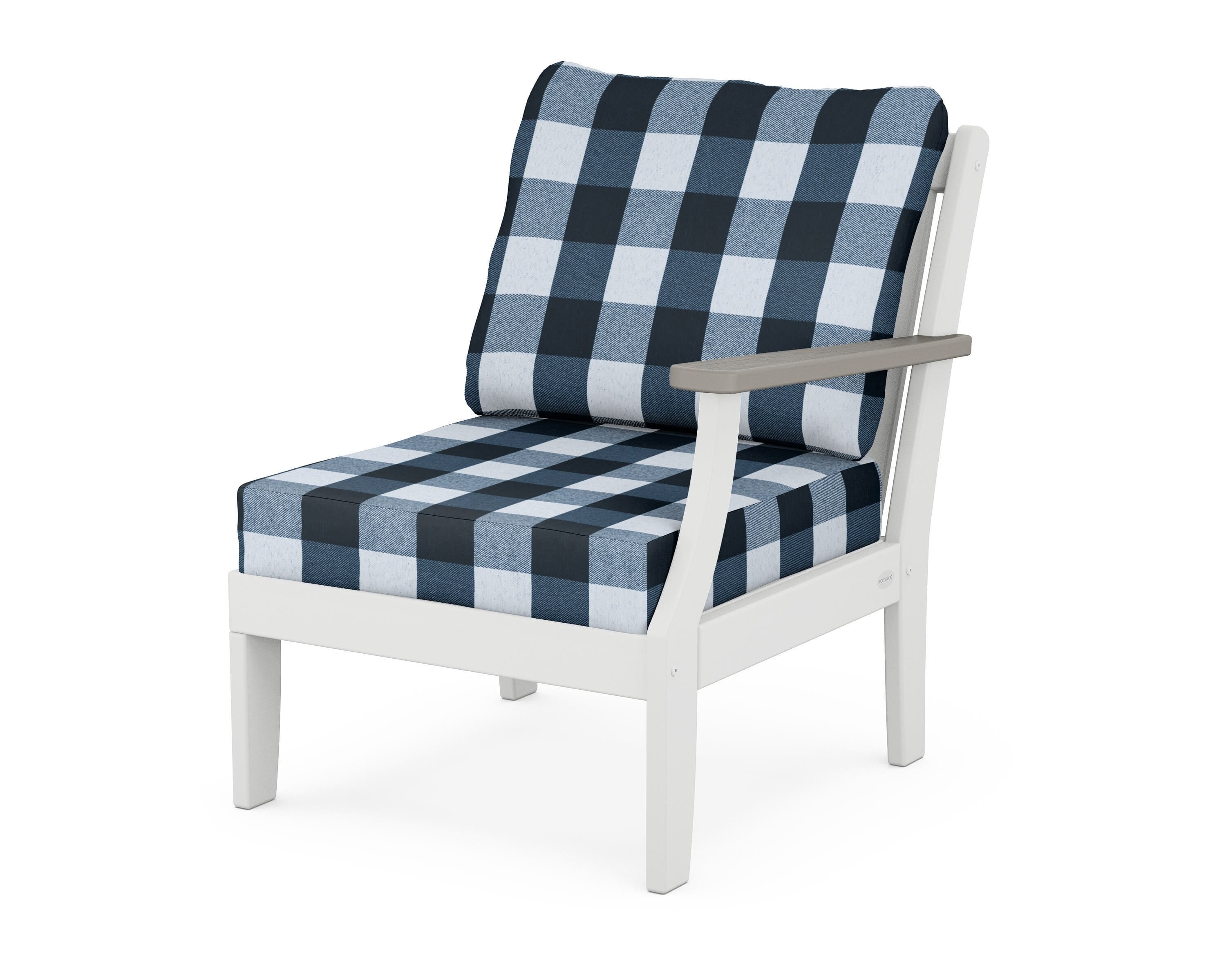 POLYWOOD® Braxton Modular Right Arm Chair in White / Driftwood / Buffalo Plaid Marine Indigo