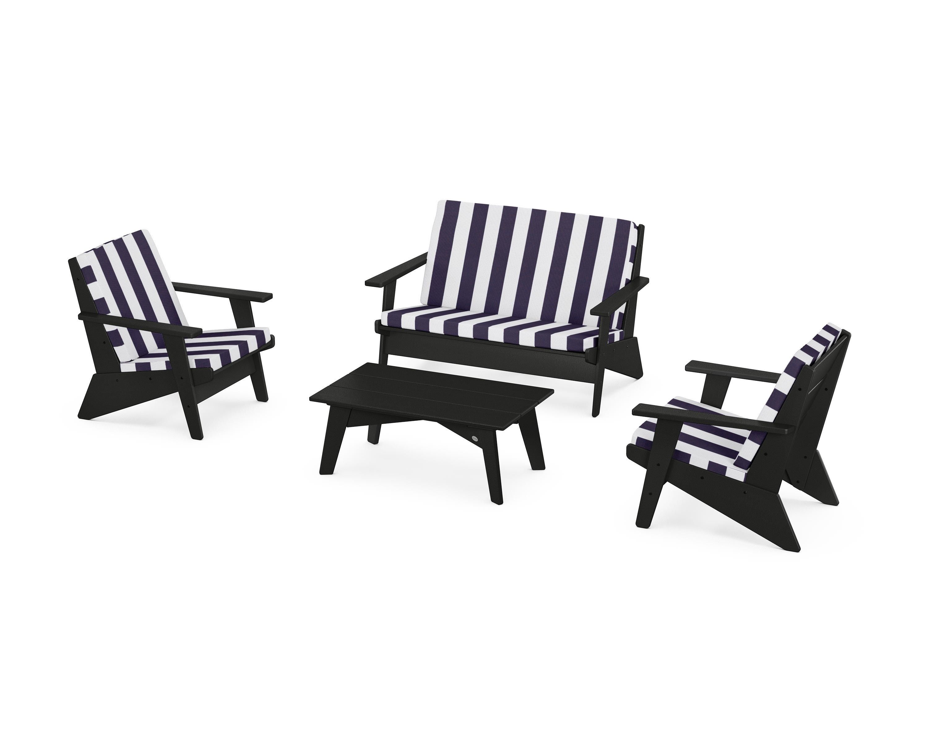 POLYWOOD® Riviera Modern Lounge 4-Piece Set in Black / Cabana Stripe Navy