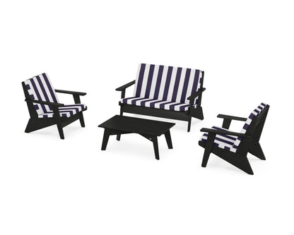 POLYWOOD® Riviera Modern Lounge 4-Piece Set in Black / Cabana Stripe Navy