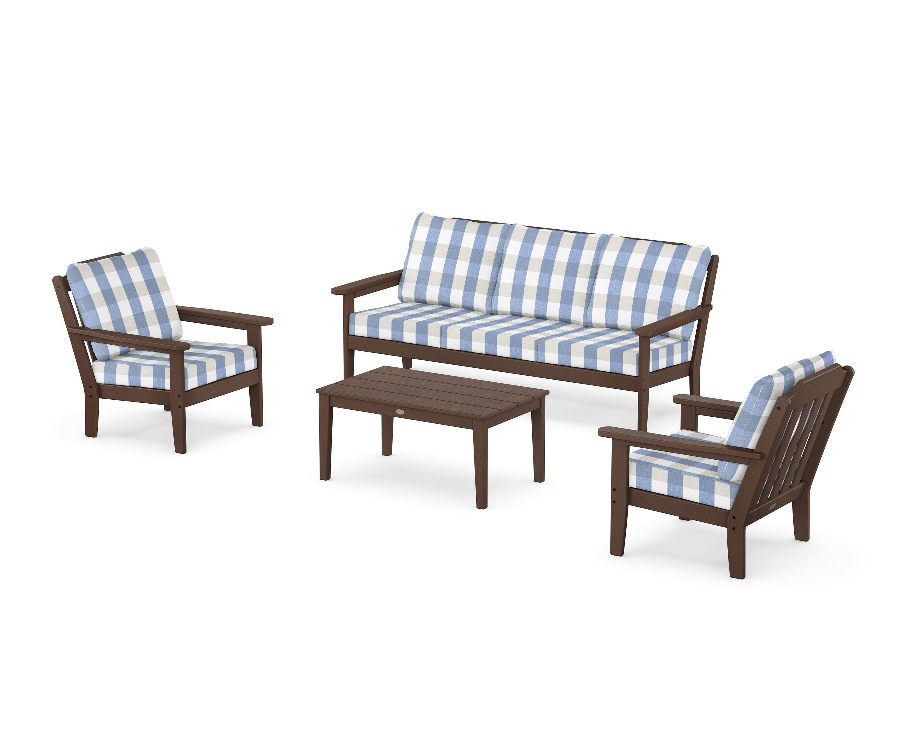 Country Living Cottage 4-Piece Deep Seating Set with Sofa in Mahogany / Buffalo Plaid Sky Blue