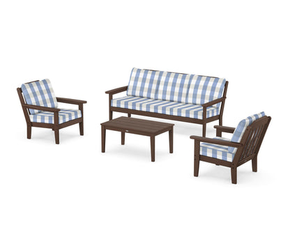 Country Living Cottage 4-Piece Deep Seating Set with Sofa in Mahogany / Buffalo Plaid Sky Blue