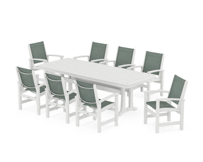 POLYWOOD® Coastal 9-Piece Dining Set with Trestle Legs in White / Dupioni Sea Mist Sling
