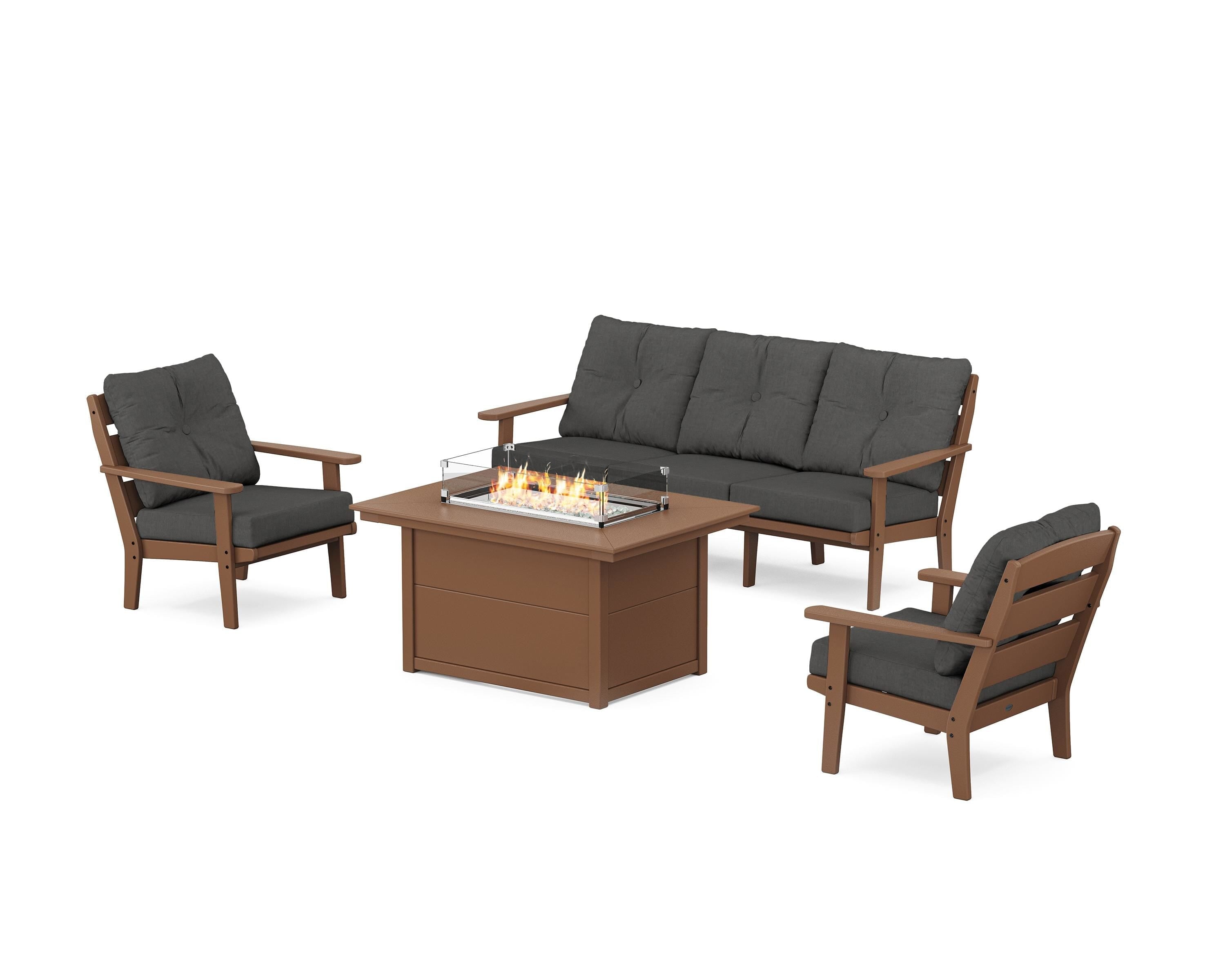 POLYWOOD® Lakeside Deep Seating Fire Pit Table Set in Teak / Spectrum Carbon