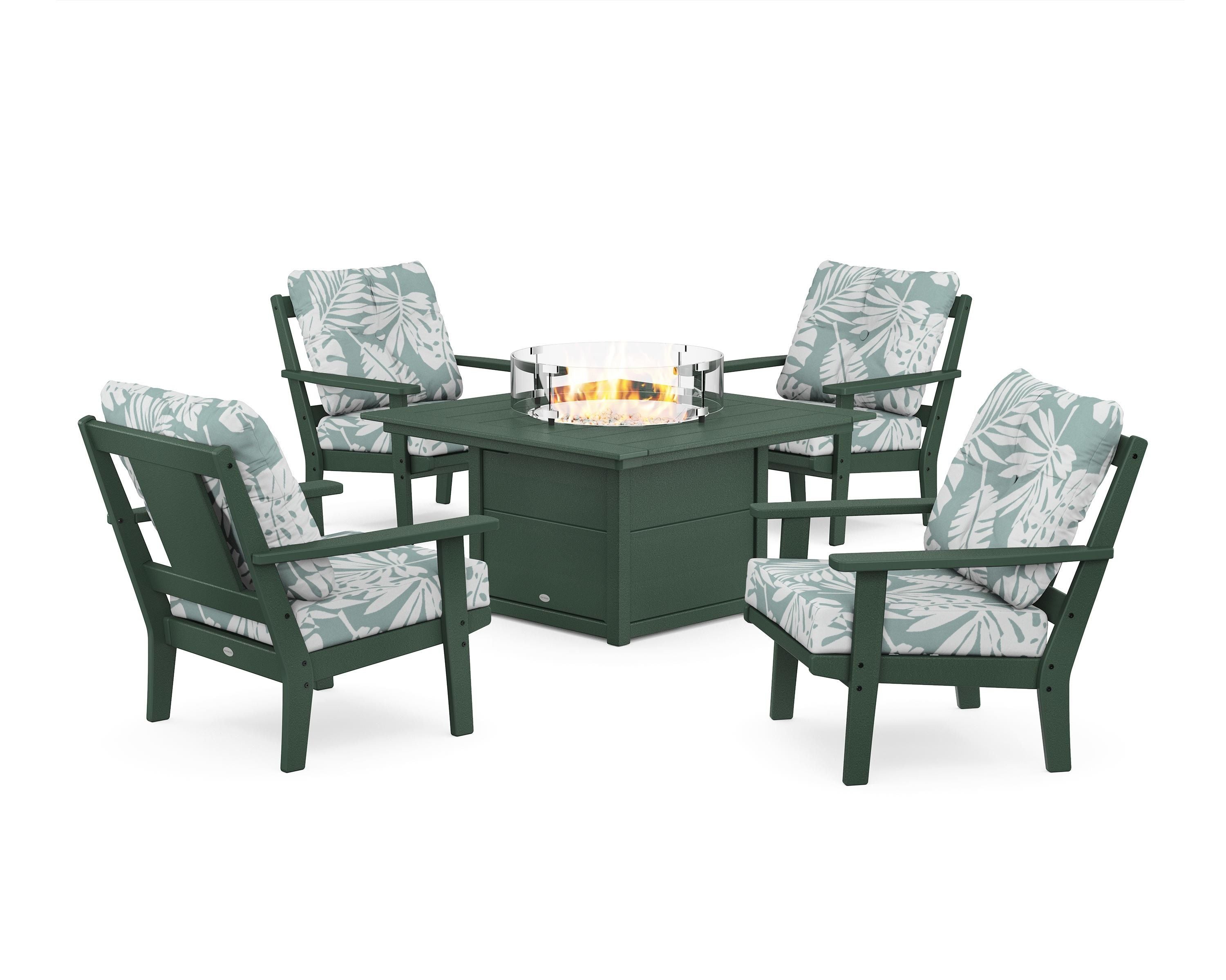 POLYWOOD® Prairie 5-Piece Deep Seating Set with Fire Pit Table in Green / Leaf Glacier Spa