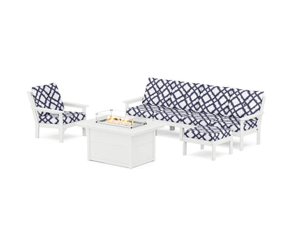 POLYWOOD® Vineyard Sectional Lounge and Fire Pit Set in White / Trellis Navy