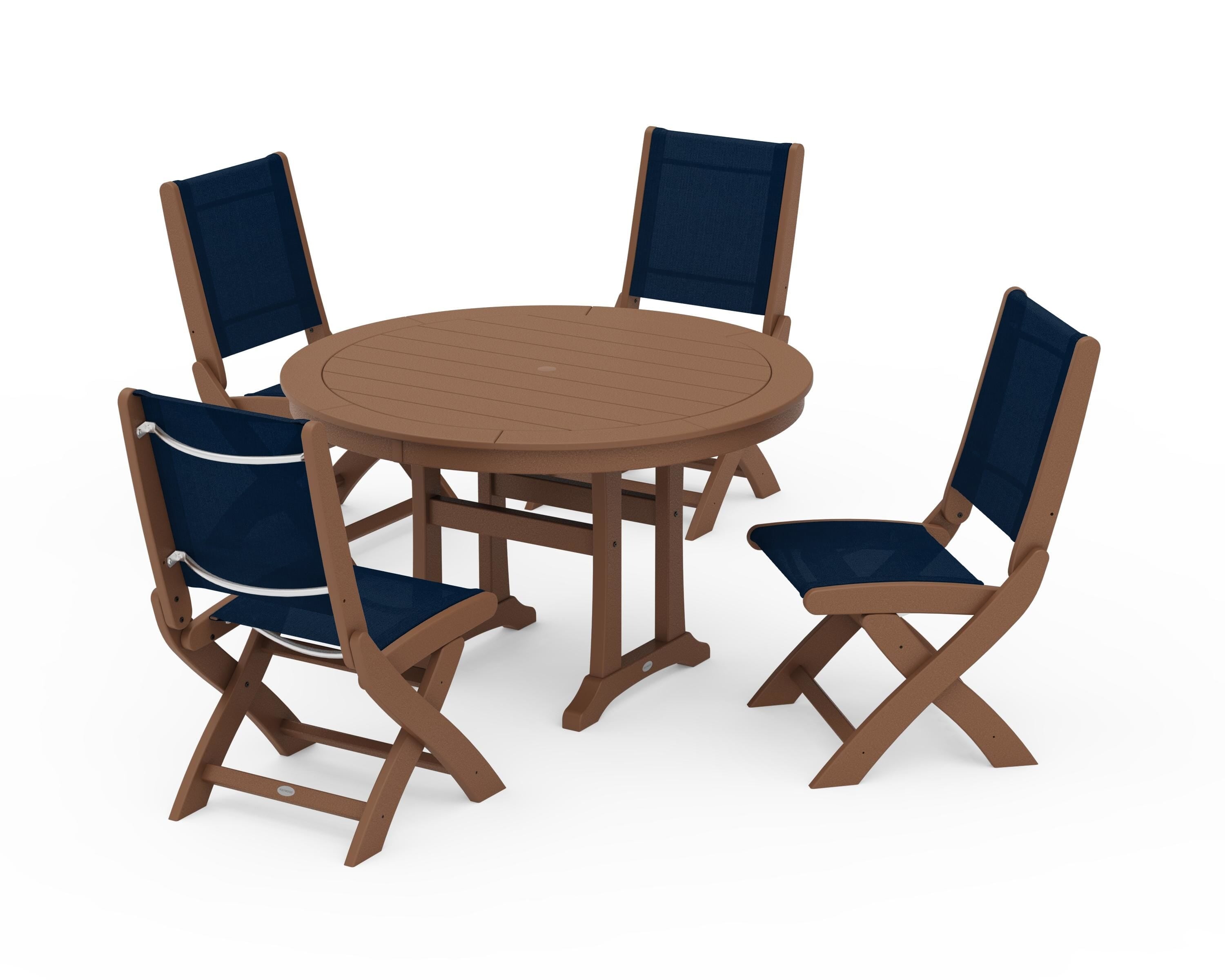 POLYWOOD® Coastal Folding Side Chair 5-Piece Round Dining Set With Trestle Legs in Teak / Navy Blue Sling